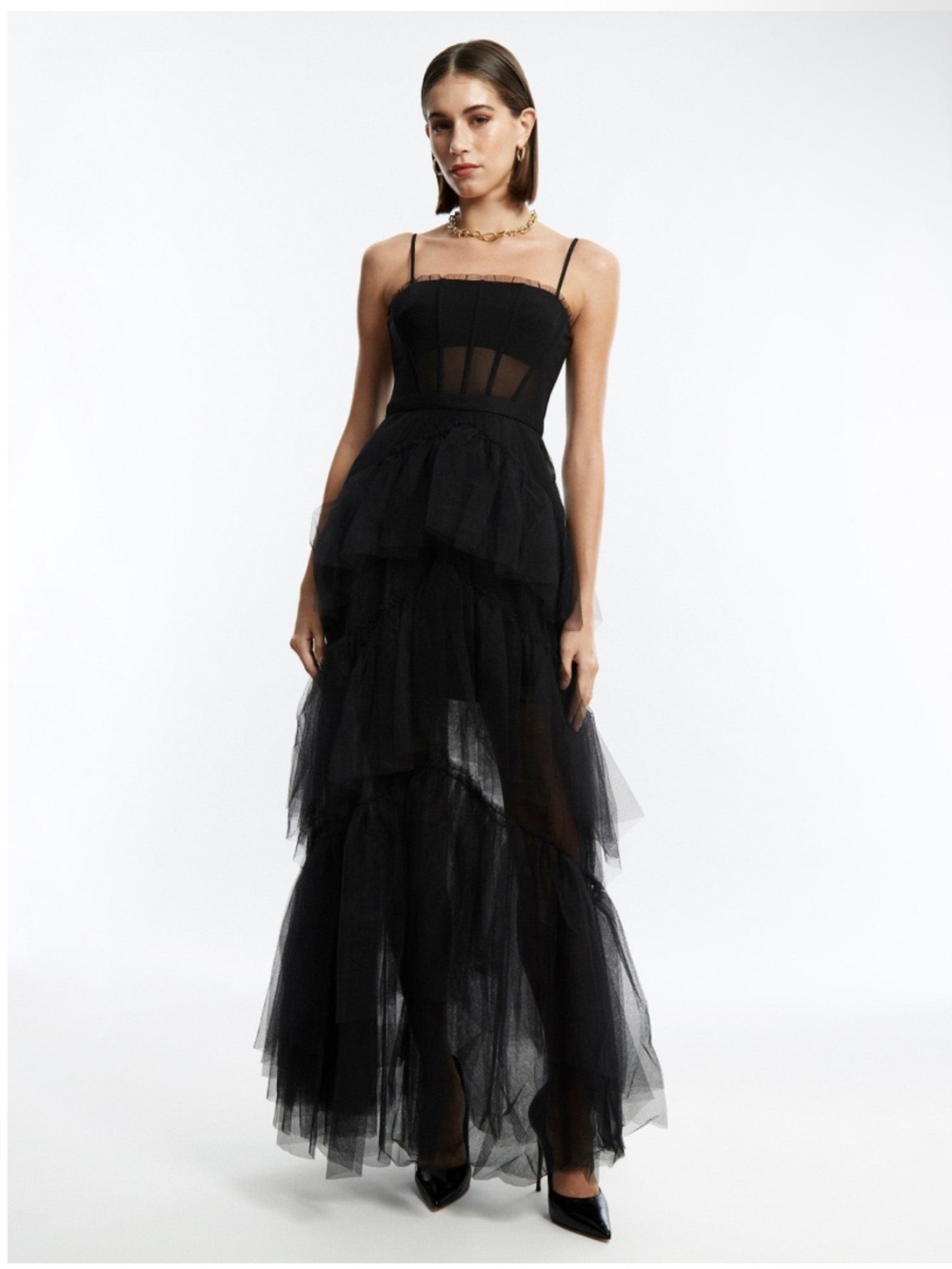 BCBG Oly Tiered Ruffle Tulle Evening Gown